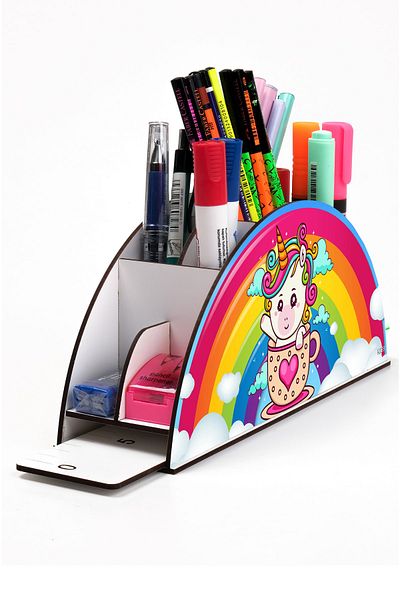 kutuTR حامل قلم مكتبي خشبي من سلسلة Vip Rainbow مع منظم مسطرة للأطفال في صندوق