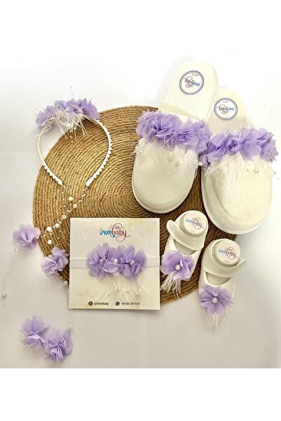 irembaby Anne Bebek Lohusa Seti Lila Çiçekli Incili Lohusa Tacı Terliği Bebek...