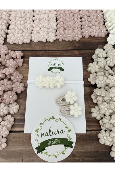 NATURA DESİGN Bandană elastică din plasă cu flori cu perle și set de catarame...