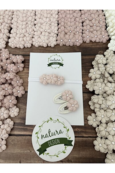 NATURA DESİGN Bandană elastică din plasă cu flori cu perle și set de catarame...