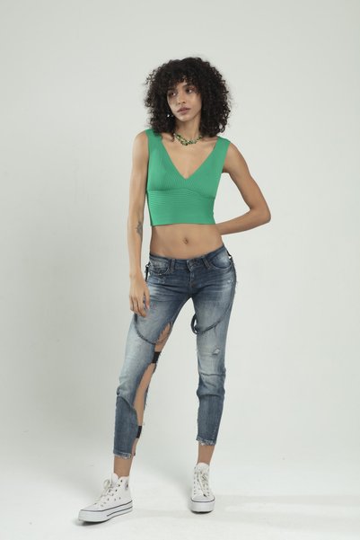 sifu tekstil Benetton Green Colored Women's Sports Tank Ribbed Knitwear Bustier Crop Top Blouse