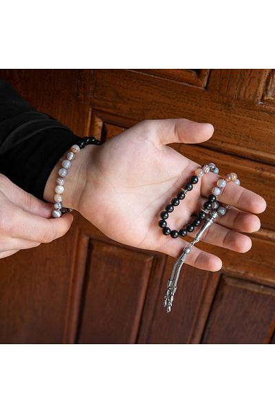 OSMANLI DOĞAL TAŞ Certified Botswana Agate, Obsidian Natural Stone 33 Pieces Rosary and Bracelet Set