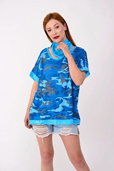 AYASOFYA OTANTIK Kadın Italyan Turkuaz Kamuflaj Desenli Kolları Ve Etek Ucu P...