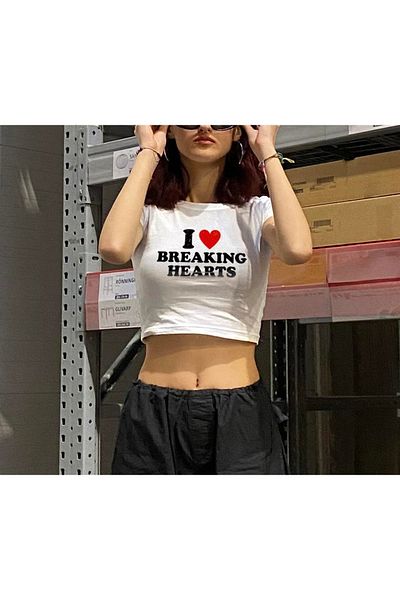 Touz Eylm I Love Breaking Hearts Printed White Crop