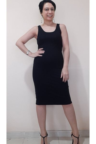 Mertcan Butik Μαύρο λουράκι από βαμβακερό βισκόζη φόρεμα με μολύβι