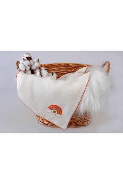 Kirazkids Beige 100% Cotton Striped Hero - Fade Resistant, Embroidered Orange Rainbow, 4-Layer Muslin Blanket