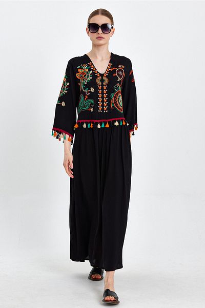 Denismoda Flower Embroidery Detailed Sleeve Tassel Dress