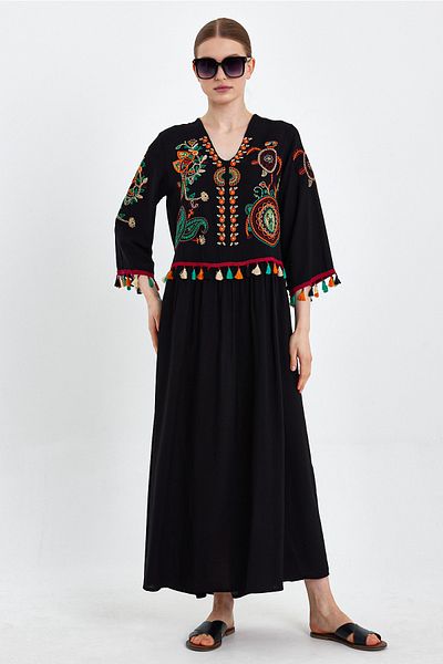 Denismoda Flower Embroidery Detailed Sleeve Tassel Dress