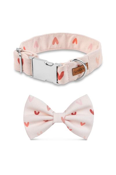 Lusi Doog Pink Dog Collar and Dog Bow Tie with Heart Pattern