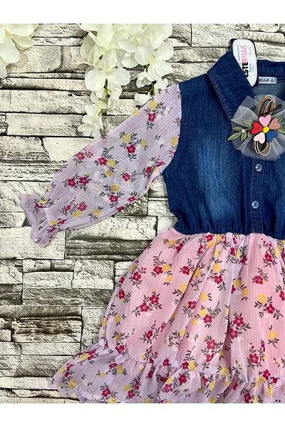 Esterella Rochie din șifon pentru blugi pentru copii/Guler cămașă din denim/Imprimeu floral/Rochie cadou cu cataramă