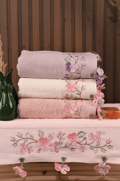 Pidora Textil Set of 4 Embroidered Laced Dowry Set 50*90 Hand and Face Towels