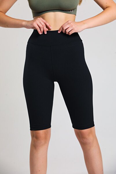 TarzOlur Yüksek Bel Fitilli Siyah Kısa Spor Tayt Kapri Tayt