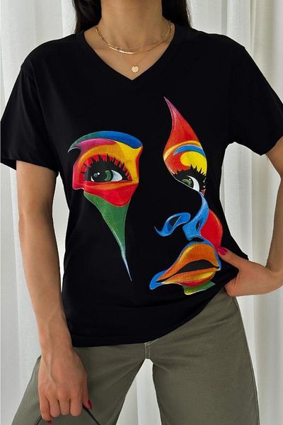 FEMELLE Tricou de damă negru cu decolteu în V imprimat 100% bumbac