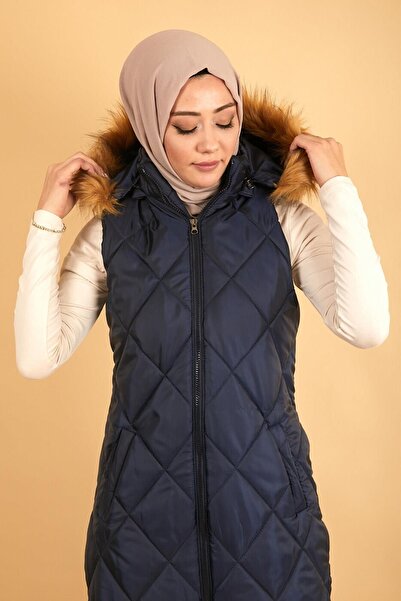 Modamihram Marineblaue gesteppte Pufferweste - Kapuze MİH12255