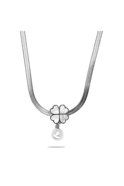 Tesbihane Snake Chain Pearl Stone Clover Leaf Detailed Pearl Natural Stone Combination Women's Necklace