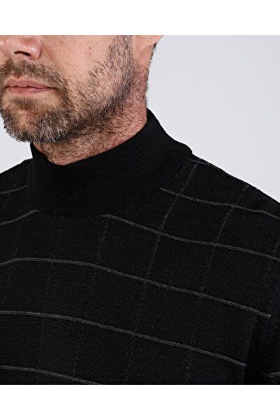 Çizgi Triko Ανδρικό πλεκτό μαύρο πουλόβερ με μοτίβο από βαμβακερό μισό ζιβάγκο
