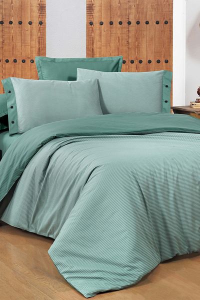 Sarev Set de lenjerie de pat cu dungi 100% bumbac, verde închis, King Size (King Size)