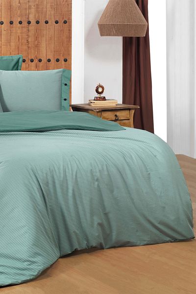Sarev Set de lenjerie de pat cu dungi 100% bumbac, verde închis, King Size (King Size)
