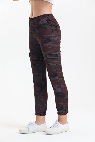 SHEVEGA Burgundy Camouflage Elastic Waist Cargo Pocket Trousers