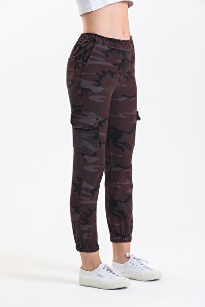 SHEVEGA Burgundy Camouflage Elastic Waist Cargo Pocket Trousers