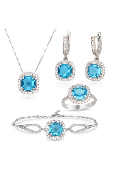 Silveranka 925 Ayar Gümüş Aqua Taşlı Takı Seti
