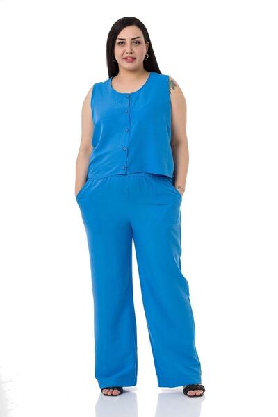 DISENTIS MODEST Plus Size Blouse Trousers Aerobin Blue Set