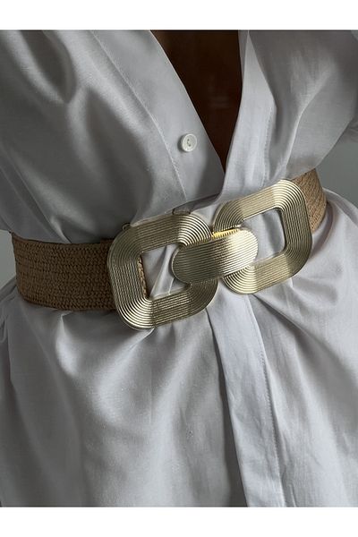 Fiori Interlocking Straw Elastic Women's Belt with Gold Buckle, Jacket Belt, Shirt Belt, Dress Belt