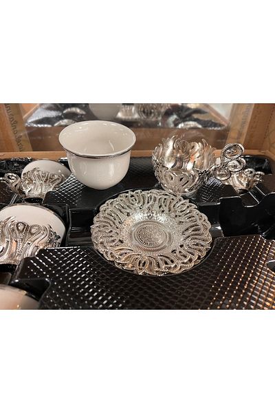 FAYA HOME Acar Turkish Coffee Cup Set 6 Person Cup Custom Pattern Metal Casting Gift Silver Color