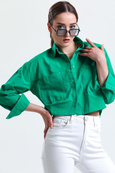 ladyzey Γυναικείο μακρυμάνικο πουκάμισο με διπλή τσέπη με κουμπιά πράσινο Crop