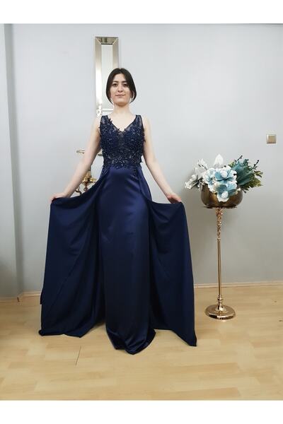 FERGAN Women's Navy Blue Stone Embroidery Satin Tailed Special Design Evening...