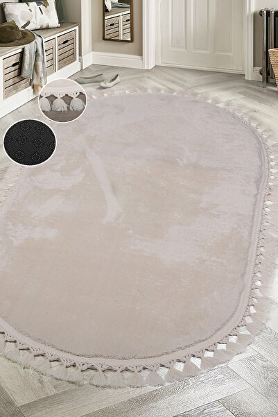 Bonny Home Relax Krem Oval Runner - Μη απορροφητικό, πλένεται, αντιολισθητικό, με κρόσσια πομπόν, μαλακό βελούδινο χαλί