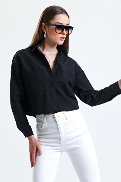ladyzey Kadın Uzun Kollu Çift Cepli Düğmeli Siyah Crop Gömlek