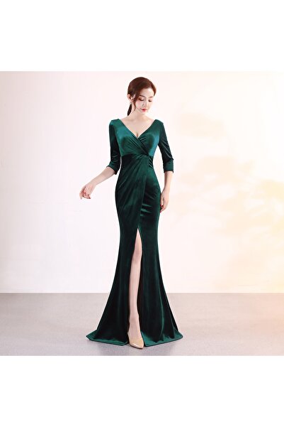 Styling Park Maxi Boy V Yaka Kadife Elbise