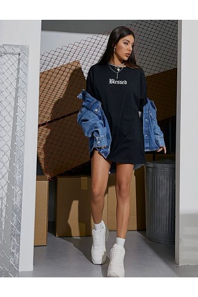 SELENA BUTİK Tricou oversize unisex cu imprimeu negru