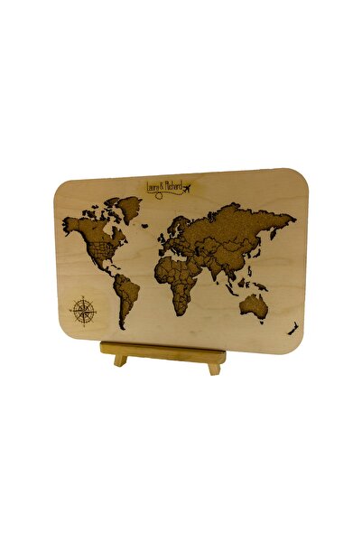 MapofX Masaüstü Dünya Haritası, Mantar Ve Ahşap Harita 30 Adet Pin Hediyeli 30x20 Cm - Hediye Fikirleri