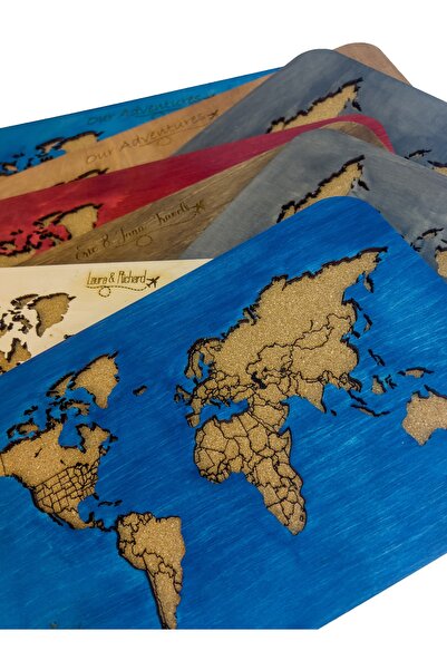 MapofX Masaüstü Dünya Haritası, Mantar Ve Ahşap Harita 30 Adet Pin Hediyeli 30x20 Cm - Hediye Fikirleri