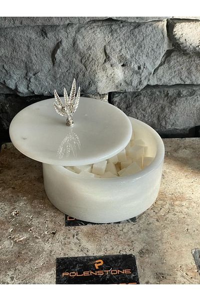 Polen Stone 1st Class White Marble Box / Sugar Bowl / Turkish Delight Bowl with Silver Olive Branch Accessories