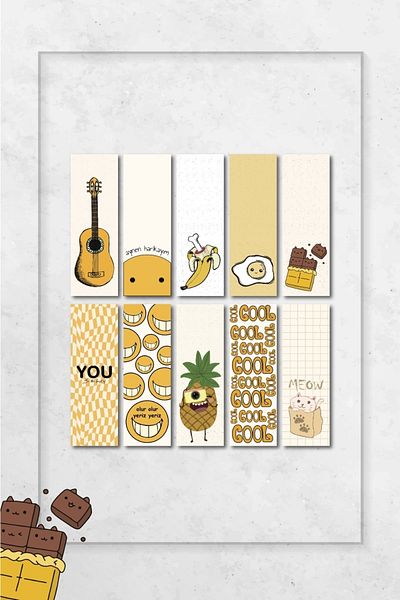Paytak Moda Guitar Chocolate Banana Yellow Colored Design Mixed 10 Pieces Bookmark Set Pytkayrac63