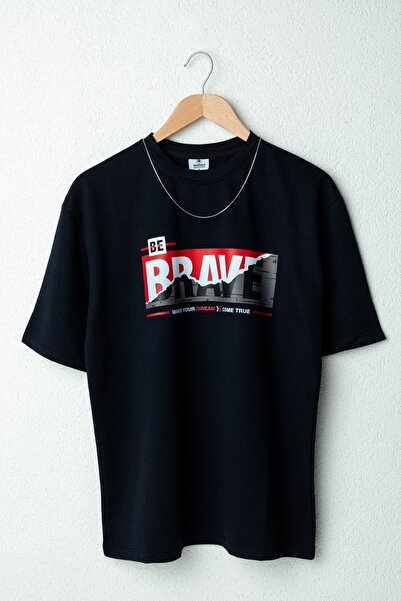 Erkek Brave Oversize Baskılı Pamuklu Bisiklet Yaka Kısa Kollu T-shirt