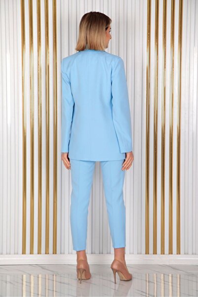 Özge Sibel Kadın Açık Mavi Tek Düğme Ceket Havuç Pantolon Takım Elbise Atlas Kumaş