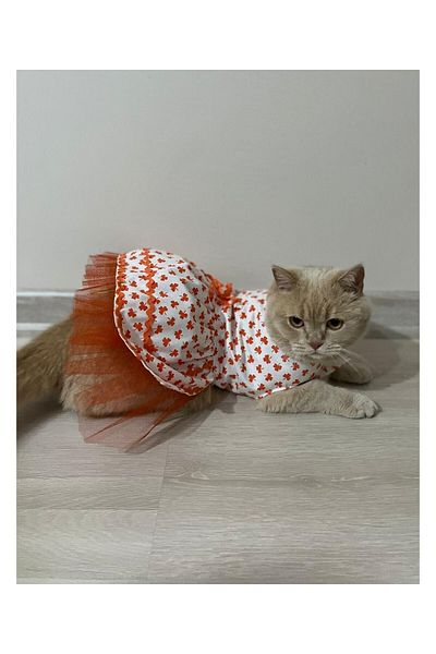 Gobo White Cat Dog Outfit Dress with Orange Leaf Pattern and Ribbon