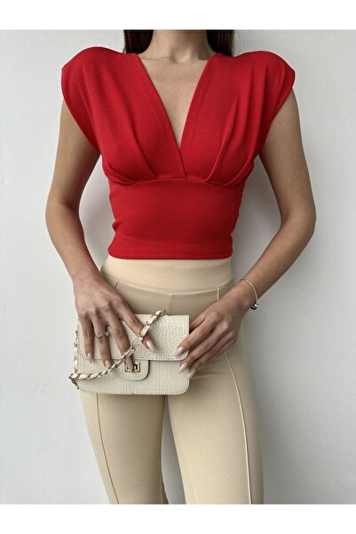 WellWay Imported Crepe V-Neck Padded Blouse Red