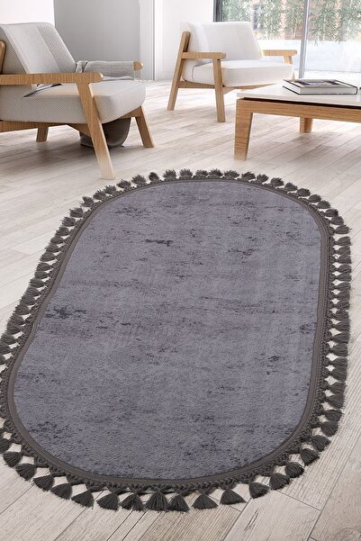 Bonny Home Nova Antrasit Oval Leke Tutmaz Yıkanabilir Kaymaz Taban Ponpon Saç...