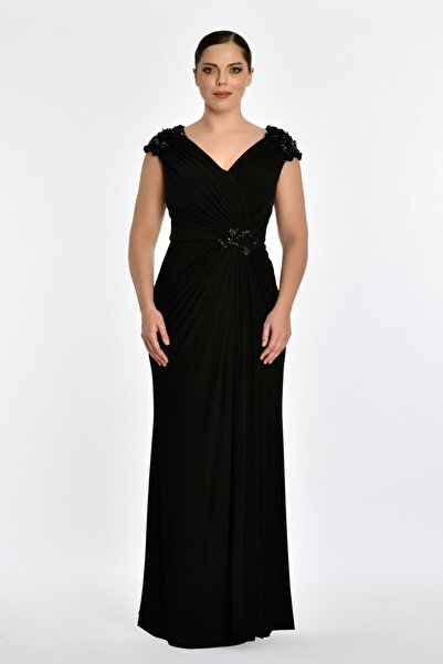 ALFABETA Kadın Yırtmaçlı V Yaka Kolsuz Uzun Siyah Abiye & Mezuniyet Elbisesi ...