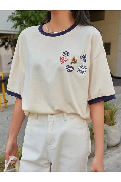 Keywest Αυτοκόλλητο Plus Size Look Μανίκι γιακά Πολύχρωμο 100% βαμβάκι Oversize μπλουζάκι