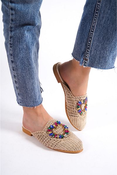 Moda Değirmeni الجلد الدانتيل المرأة الدانتيل النعال الحجر الملون Bg1163-122-0002