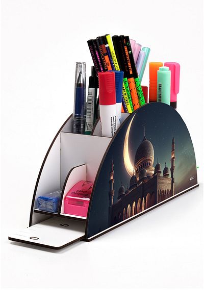 kutuTR Wooden Vip Islam Series Rainbow Ruled Desktop Pen Holder Organizer for Kids Assembled Boxed