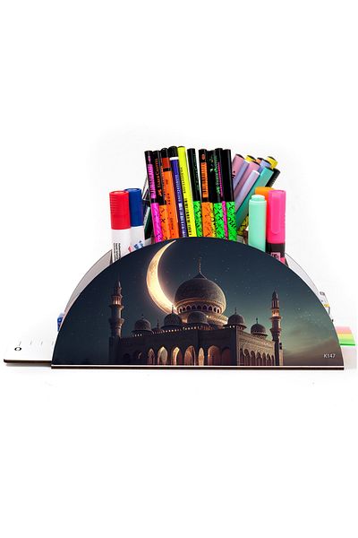kutuTR Wooden Vip Islam Series Rainbow Ruled Desktop Pen Holder Organizer for Kids Assembled Boxed