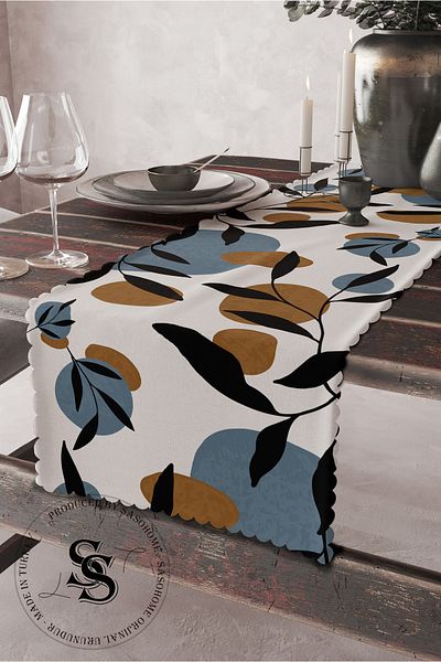 SasoHome Modern Blue Black Leaf Design Pictura Model Digital Printed Decorative Runner