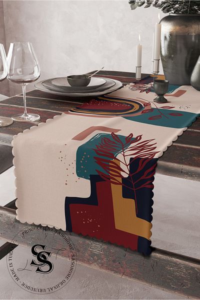 SasoHome Harmony Of Blue and Red Patterned Digital Printed Decorative Runner